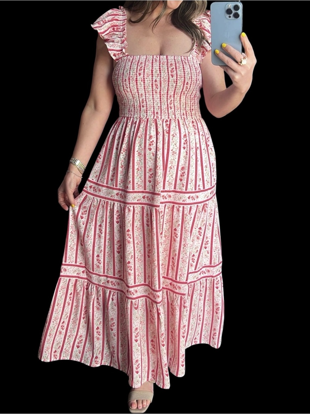 Blu Pepper Strawberry Sweetheart Red Pink Smocked Ruffle Sleeve Midi Dress - Picture 2 of 6